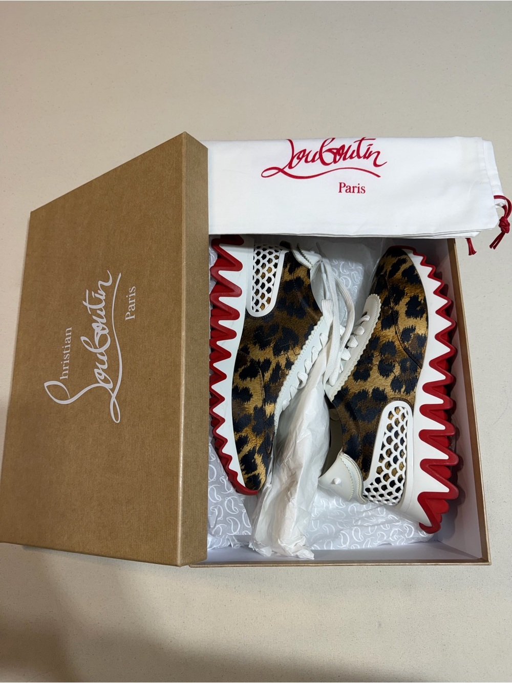 Christian Louboutin Leopard-Print Athletic Sneakers with Red Zigzag Sole